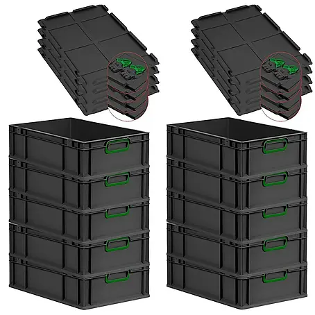 SuperSparSet 10x Eurobox NextGen Color mit Scharnierdeckel und Schiebeschnappverschlüssen | HxBxT 17x40x60cm | 34 Liter | Schwarz | Griffe grün geschlossen | Eurobehälter, Transportbox, Transportbehälter, Stapelbehälter
