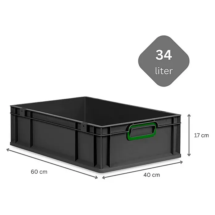 SuperSparSet 10x Eurobox NextGen Color mit Scharnierdeckel und Schiebeschnappverschlüssen | HxBxT 17x40x60cm | 34 Liter | Schwarz | Griffe grün geschlossen | Eurobehälter, Transportbox, Transportbehälter, Stapelbehälter -  - Graue Kunststoffbox mit den Maßen 60 x 40 x 17 cm und einem Fassungsvermögen von 34 Litern.