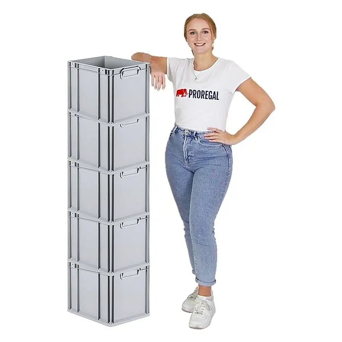 Proregal Euroboxen-Set 5x Eurobox NextGen Grip mit Auflagedeckel inkl. 4 roten Verschlüssen - Kunststoff, Grau, 5 Stk. - Frau lehnt an einem Stapel grauer Proregal-Lagerkisten aus Kunststoff, die sich ideal für Lagerung und Organisation eignen.