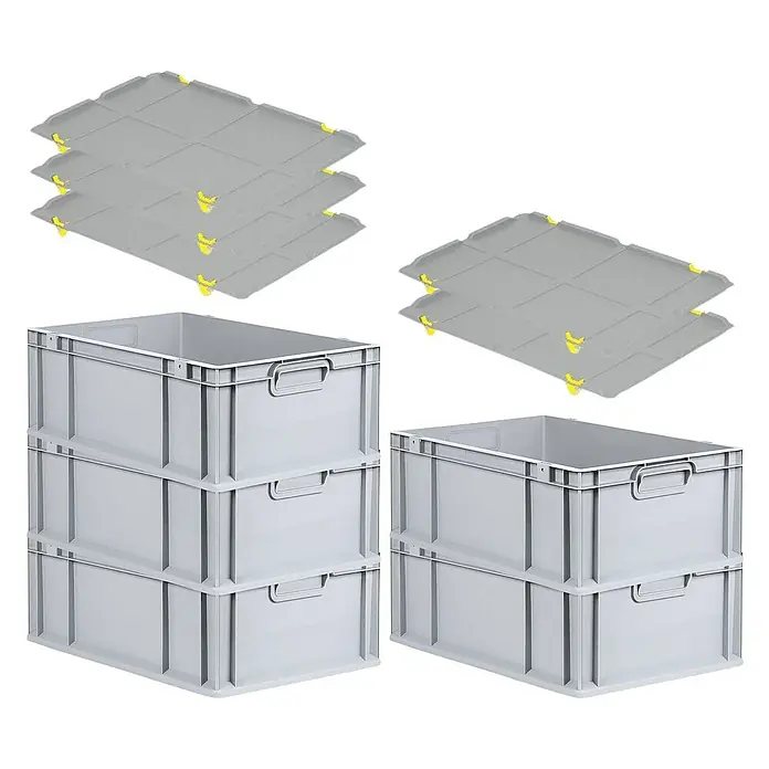 Proregal Euroboxen-Set 5x Eurobox NextGen Economy mit Auflagedeckel und 4x Verschlüsse Gelb - L x B x H: 60 x 40 x 22 cm, Kunststoff, Grau, 5 Stk. - Abgebildet sind graue Lagerboxen und graue dazugehörige Deckel mit gelben Eckverbindungen, die für Ordnung und Schutz im Lager sorgen.