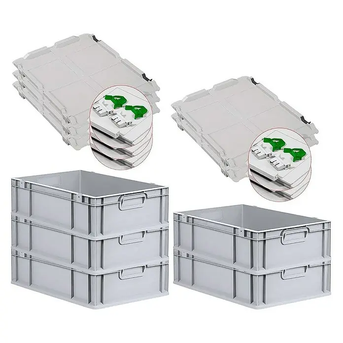 Proregal Euroboxen-Set 5x Eurobox NextGen Grip mit Scharnierdeckel und grünen Verschlüssen - L x B x H: 60 x 40 x 17 cm, Kunststoff, Grau, 5 Stk. - Produktabbildung von stapelbaren Eurobehältern und Deckeln. Ideal für Lagerung und Transport mit praktischen Griffen und sicherem Verschluss.