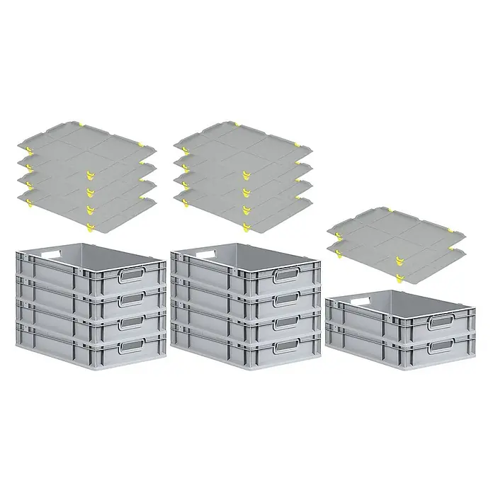 Proregal Euroboxen-Set 10x Eurobox NextGen Economy mit Auflagedeckel und 4x Verschlüsse Gelb - L x B x H: 60 x 40 x 12 cm, Kunststoff, Grau, 10 Stk. - Stapelbare, graue Eurobehälter aus Kunststoff mit gelben Deckeln in verschiedenen Stapelhöhen.
