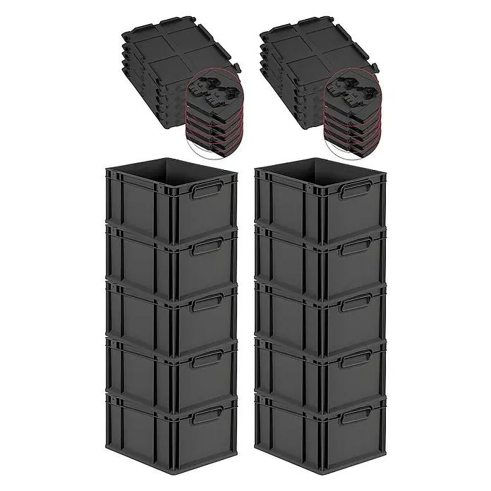 Proregal Euroboxen-Set 10x Eurobox NextGen Grip mit Scharnierdeckel und schwarzen Verschlüssen - L x B x H: 40 x 30 x 22 cm, Kunststoff, Schwarz, 10 Stk. - Schwarze Kunststoffkisten und passende Deckel, ideal für Lagerung und Organisation. Praktisch stapelbar.