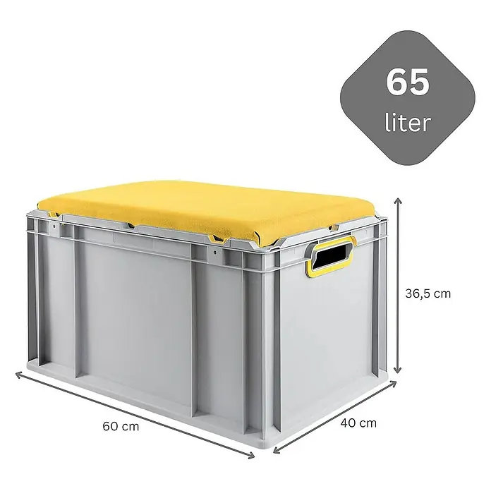 Proregal Euroboxen-Set 2x Eurobox NextGen Seat Box Gelb - L x B x H: 60 x 40 x 36,5 cm, Kunststoff, Grau, Gelb, 2 Stk. - Graue Aufbewahrungsbox mit gelbem Sitzkissen und Größenangaben. Praktisch für die Organisation.