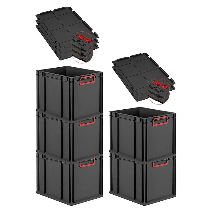 Proregal Euroboxen-Set 5x Eurobox NextGen Color mit Scharnierdeckel und Verschlüssen - Kunststoff, Schwarz, Rot, 5 Stk. - Stapelbare, schwarze Lagerboxen mit roten Griffen und dazugehörige Deckel im Set für eine platzsparende Aufbewahrung.