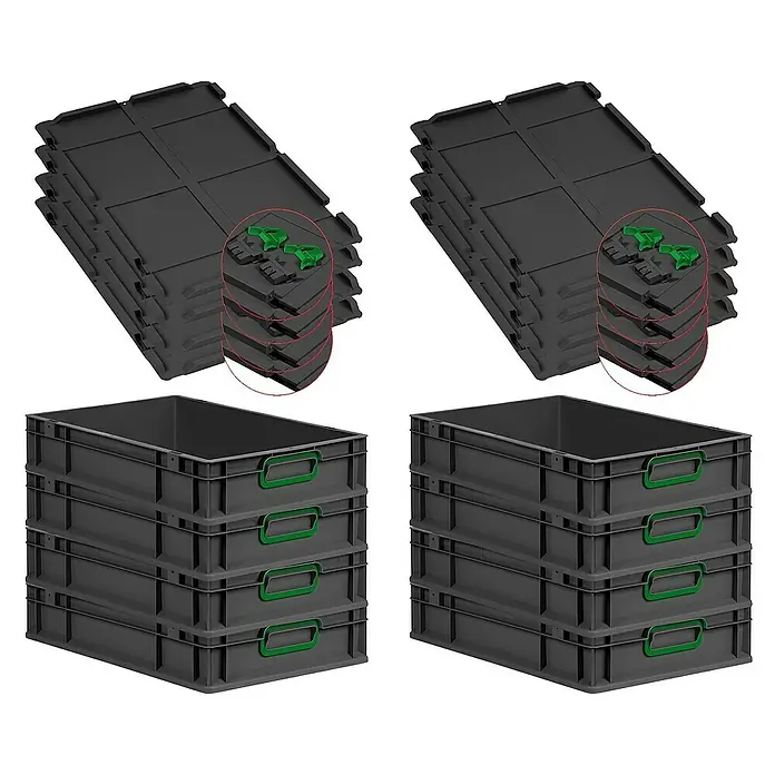 Proregal Euroboxen-Set 8x Eurobox NextGen Color mit Scharnierdeckel und Verschlüssen - L x B x H: 60 x 40 x 12 cm, Kunststoff, Schwarz, Grün, 8 Stk. - Stapelbare Kunststoffbehälter mit Deckeln und grünen Griffen, ideal für Lagerung und Transport. Praktisches Set für Ordnung und Organisation.
