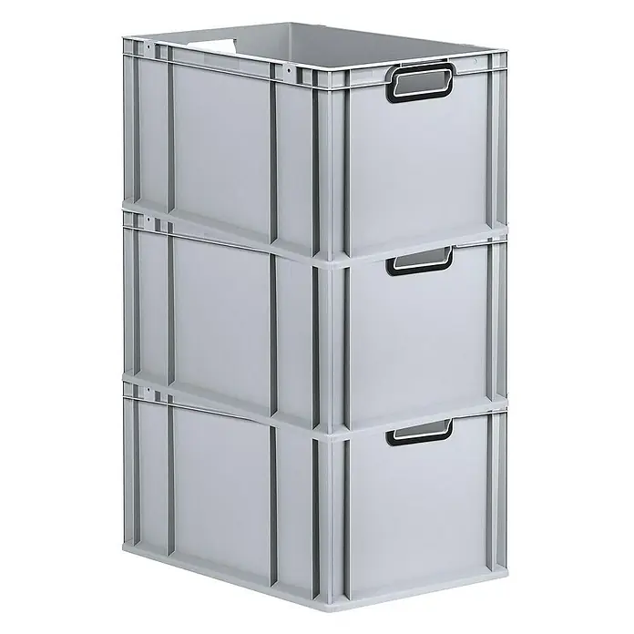 Proregal Euroboxen-Set 3x Eurobox NextGen Color - L x B x H: 60 x 40 x 32 cm, Kunststoff, Grau, Schwarz, 3 Stk. - Drei graue, stapelbare Lagerboxen aus Kunststoff mit schwarzen Griffen, ideal für Organisation und Lagerung im Haushalt oder Gewerbe.