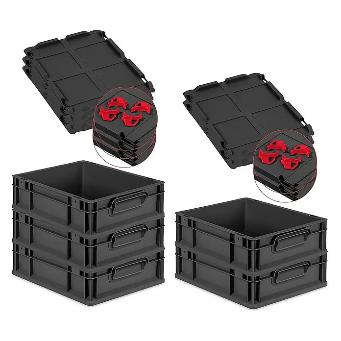 Proregal Euroboxen-Set 5x Eurobox NextGen Grip mit Auflagedeckel inkl. 4 roten Verschlüssen - L x B x H: 40 x 30 x 12 cm, Kunststoff, Schwarz, 5 Stk. - Ein Set aus schwarzen Kunststoff-Euroboxen mit Deckeln und roten Verschlüssen, ideal für Lagerung und Transport.