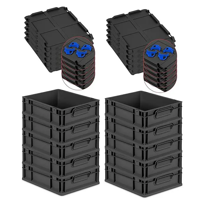 Proregal Euroboxen-Set 10x Eurobox NextGen Grip mit Auflagedeckel inkl. 4 blauen Verschlüssen - L x B x H: 40 x 30 x 12 cm, Kunststoff, Schwarz, 10 Stk. - Bild von schwarzen Eurobehältern mit Deckeln und Verbindungselementen aus Kunststoff, perfekt für Lagerung und Transport.