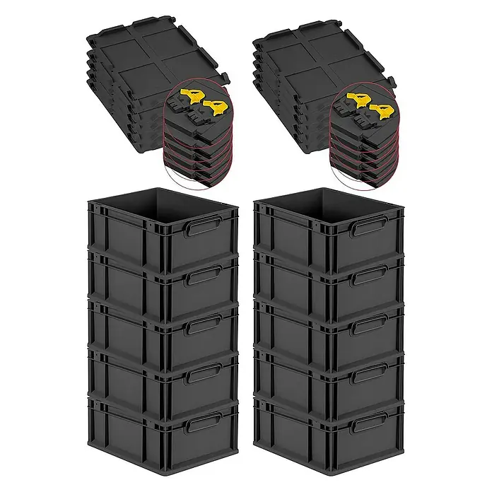 Proregal Euroboxen-Set 10x Eurobox NextGen Grip mit Scharnierdeckel und gelben Verschlüssen - L x B x H: 40 x 30 x 17 cm, Kunststoff, Schwarz, 10 Stk. - Das Bild zeigt zwei Stapel schwarzer Kunststoffboxen mit Griffen und zwei Stapel schwarzer Kunststoffdeckel mit gelben Verschlüssen.