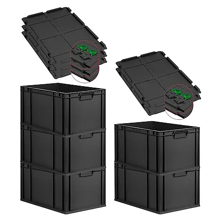 SuperSparSet 5x Eurobox NextGen Grip mit Scharnierdeckel und grünen Schiebeschnappverschlüssen | HxBxT 32x40x60cm | 65 Liter | Schwarz | Griffe geschlossen | Verstärkter Boden | Eurobehälter, Transportbox, Transportbehälter, Stapelbehälter