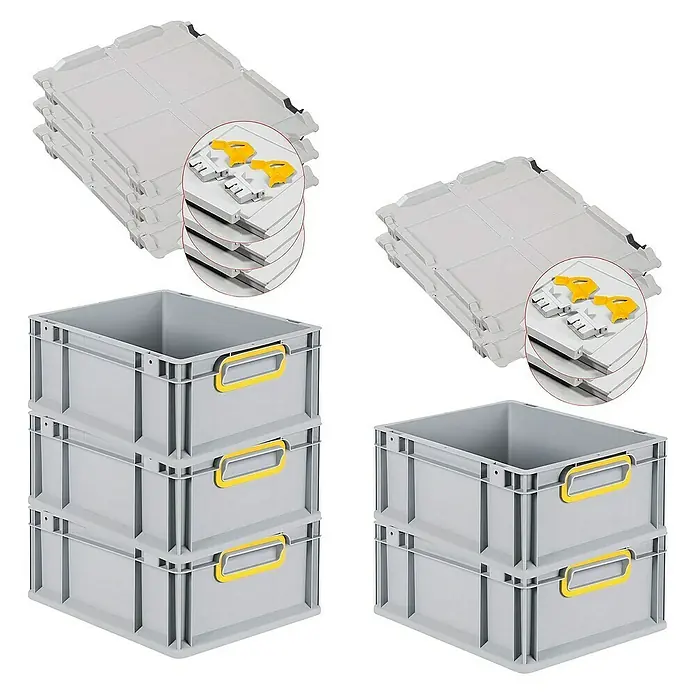 SuperSparSet 5x Eurobox NextGen Color mit Scharnierdeckel und Schiebeschnappverschlüssen | HxBxT 17x30x40cm | 16 Liter | Grau | Griffe gelb geschlossen | Glatter Boden | Eurobehälter, Transportbox, Transportbehälter, Stapelbehälter -  - Mehrere graue Lagerbehälter mit gelben Griffen und Deckel, gestapelt und zur Aufbewahrung bereit.