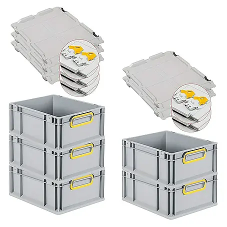 SuperSparSet 5x Eurobox NextGen Color mit Scharnierdeckel und Schiebeschnappverschlüssen | HxBxT 17x30x40cm | 16 Liter | Grau | Griffe gelb geschlossen | Glatter Boden | Eurobehälter, Transportbox, Transportbehälter, Stapelbehälter