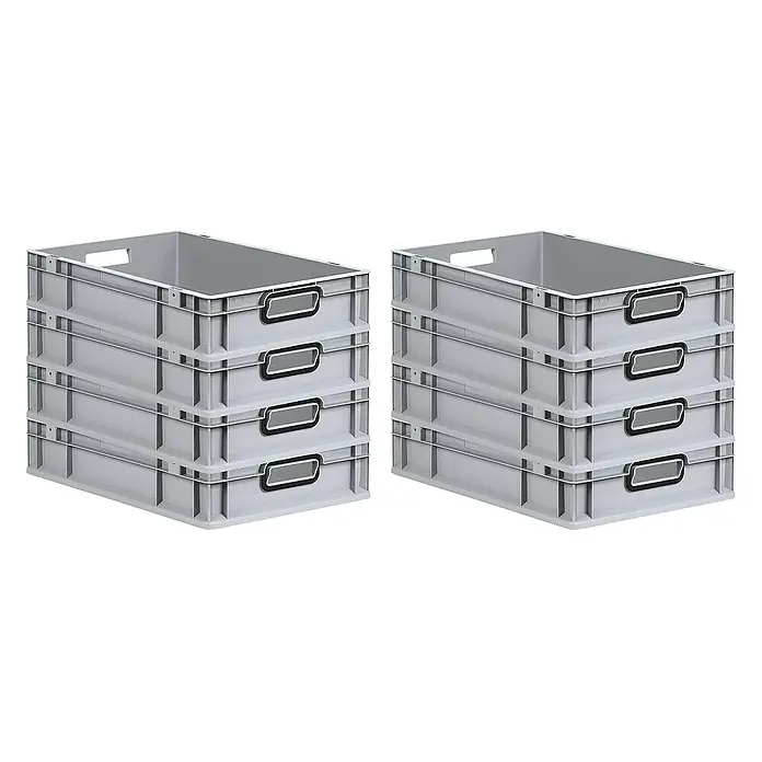 Proregal Euroboxen-Set 8x Eurobox NextGen Color - L x B x H: 60 x 40 x 12 cm, Kunststoff, Grau, Schwarz, 8 Stk. - Zwei Stapel grauer Euroboxen, jeweils vier übereinander, mit praktischen Griffen und Etikettenhaltern für eine effiziente Lagerung.