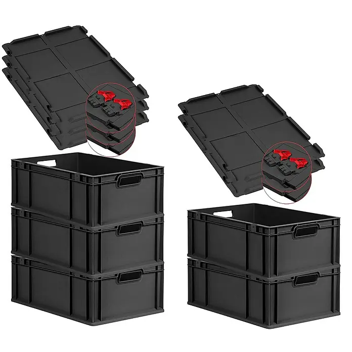 Proregal Euroboxen-Set 5x Eurobox NextGen Grip mit Scharnierdeckel und roten Verschlüssen - L x B x H: 60 x 40 x 22 cm, Kunststoff, Schwarz, 5 Stk. - Schwarze Kunststoffboxen mit Deckeln.