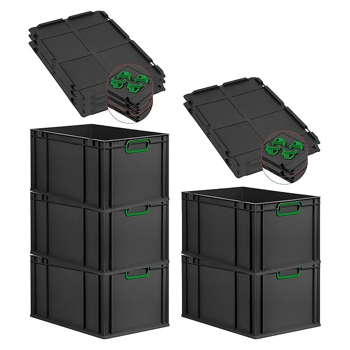 Proregal Euroboxen-Set 5x Eurobox NextGen Color mit Auflagedeckel und Schiebeschnappverschlüsse - L x B x H: 60 x 40 x 32 cm, Kunststoff, Schwarz, Grün, 5 Stk. - Das Bild zeigt stapelbare, schwarze Lagerboxen mit grünen Griffen und flache Deckel mit grünen Verbindungsstücken. Praktisch für die Organisation!