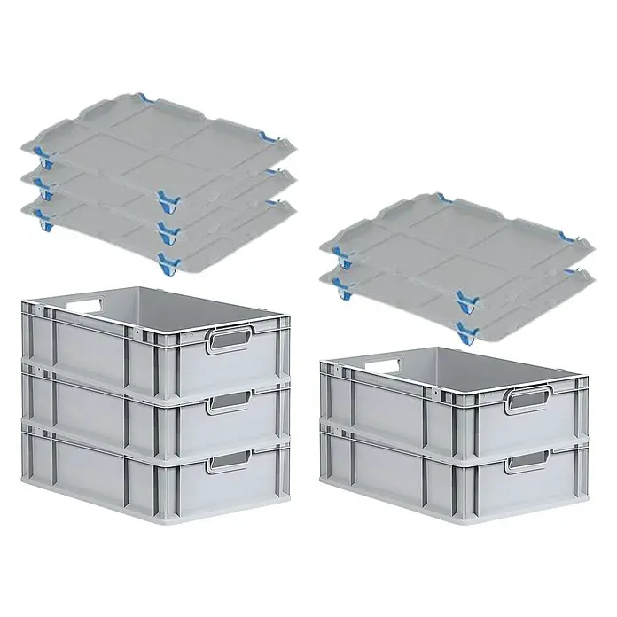 Proregal Euroboxen-Set 5x Eurobox NextGen Economy mit Auflagedeckel und 4x Verschlüsse Blau - L x B x H: 60 x 40 x 17 cm, Kunststoff, Grau, 5 Stk. - Das Bild zeigt einen Satz grauer Lagerboxen mit passenden Deckeln, die für Ordnung und Stapelbarkeit in Lager- und Arbeitsbereichen konzipiert sind.