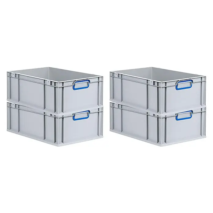 Proregal Euroboxen-Set 4x Eurobox NextGen Color - L x B x H: 60 x 40 x 22 cm, Kunststoff, Grau, Blau, 4 Stk. - Zwei Stapel von grauen Aufbewahrungsboxen aus Kunststoff mit blauen Griffen für Ordnung und Lagerung.