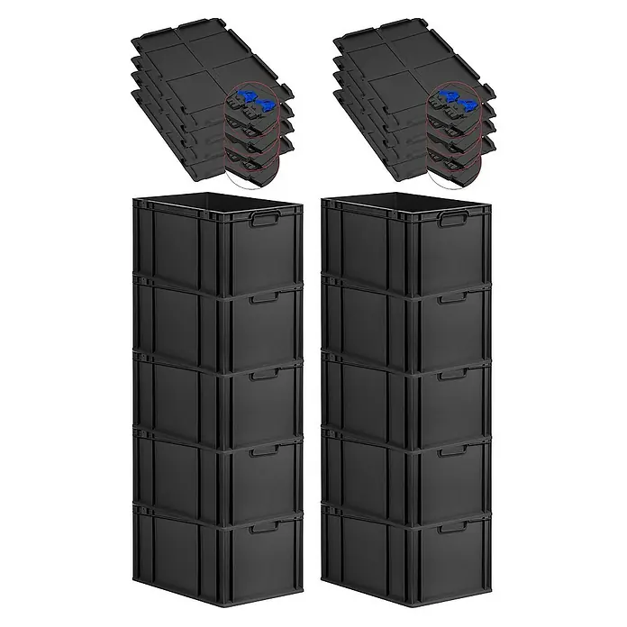 Proregal Euroboxen-Set 10x Eurobox NextGen Grip mit Scharnierdeckel und blauen Verschlüssen - L x B x H: 60 x 40 x 32 cm, Kunststoff, Schwarz, 10 Stk. - Stapel von schwarzen Kunststoffboxen und Deckeln. Praktische Aufbewahrungslösung für Ordnung im Haushalt.