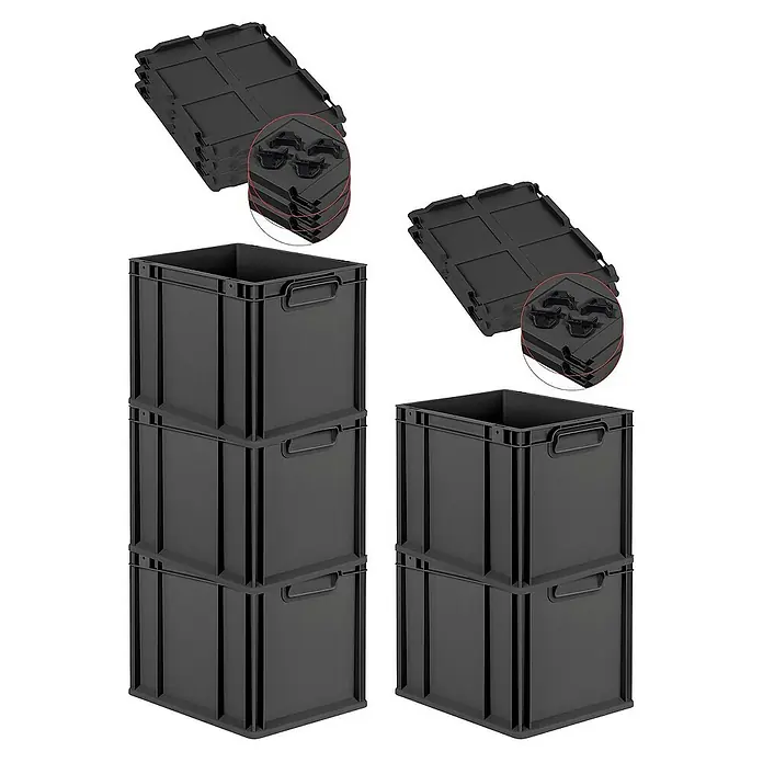 Proregal Euroboxen-Set 5x Eurobox NextGen Grip mit Auflagedeckel inkl. 4 schwarzen Verschlüssen - Kunststoff, Schwarz, 5 Stk. - Bild von schwarzen Eurobehältern und dazugehörigen Deckeln, die gestapelt und zur Aufbewahrung präsentiert werden.