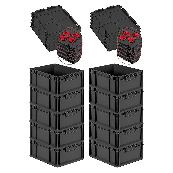 Proregal Euroboxen-Set 10x Eurobox NextGen Grip mit Auflagedeckel inkl. 4 roten Verschlüssen - L x B x H: 40 x 30 x 17 cm, Kunststoff, Schwarz, 10 Stk. - Stapelbare schwarze Kunststoffkisten und Deckel mit roten Clips zur Organisation und Aufbewahrung.