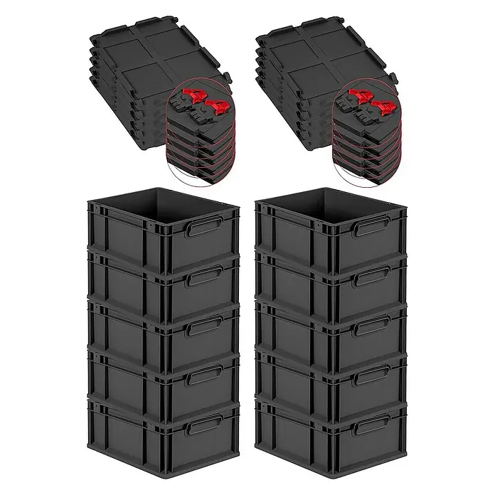 Proregal Euroboxen-Set 10x Eurobox NextGen Grip mit Scharnierdeckel und roten Verschlüssen - L x B x H: 40 x 30 x 17 cm, Kunststoff, Schwarz, 10 Stk. - Stapelbare Kunststoffbehälter und Deckel. Ideal für Lagerung und Organisation. Robuste Bauweise für vielseitige Anwendungen im Haushalt.