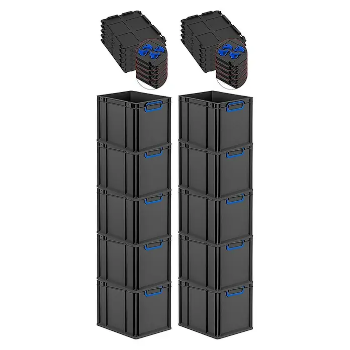Proregal Euroboxen-Set 10x Eurobox NextGen Color mit Auflagedeckel und Schiebeschnappverschlüsse - Kunststoff, Schwarz, Blau, 10 Stk. - Stapelbare, graue Kunststoffboxen und Deckel mit blauen Griffen, ideal für Lagerung und Organisation. Praktisches Set für Ordnung.