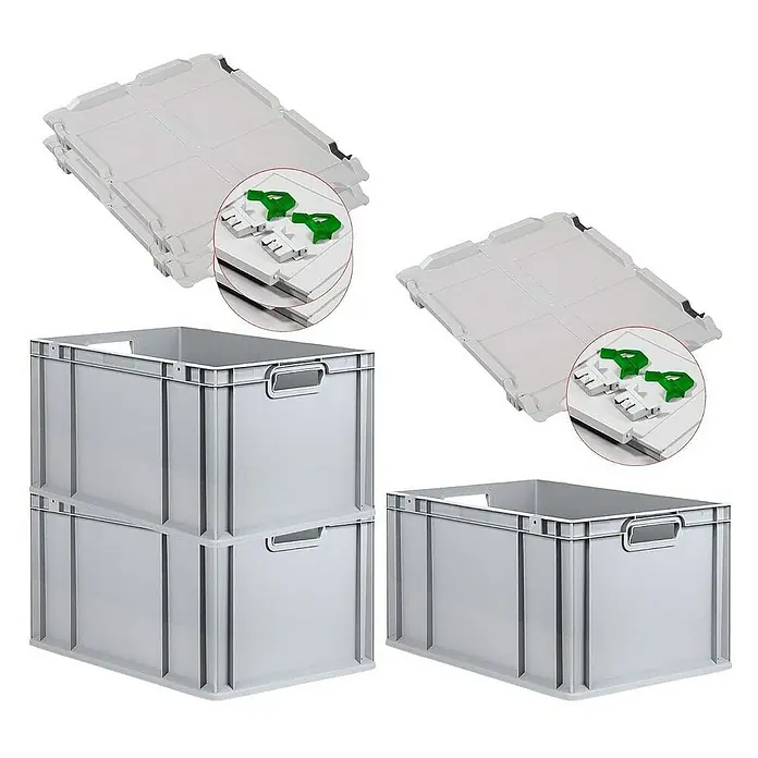 Proregal Euroboxen-Set 3x Eurobox NextGen Grip mit Scharnierdeckel und grünen Verschlüssen - L x B x H: 60 x 40 x 32 cm, Kunststoff, Grau, 3 Stk. - Stapelbare, graue Kunststoffbehälter mit Deckeln, ideal für Lagerung und Transport von Waren. Die Deckel haben grüne Verschlüsse.