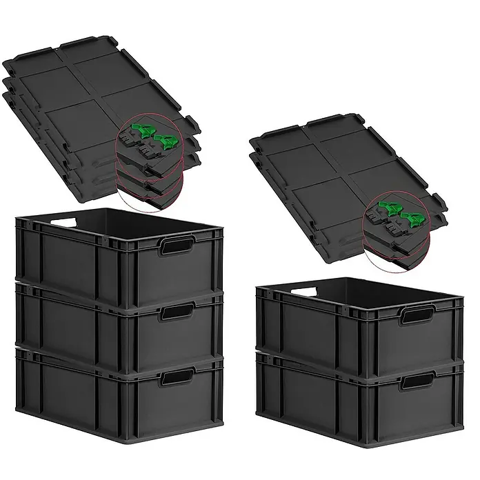 SuperSparSet 5x Eurobox NextGen Grip mit Scharnierdeckel und grünen Schiebeschnappverschlüssen | HxBxT 22x40x60cm | 44 Liter | Schwarz | Griffe offen | Verstärkter Boden | Eurobehälter, Transportbox, Transportbehälter, Stapelbehälter -  - Stapelbare schwarze Kunststoffbehälter und zugehörige Deckel mit grünen Verriegelungen für sichere Lagerung und Transport.