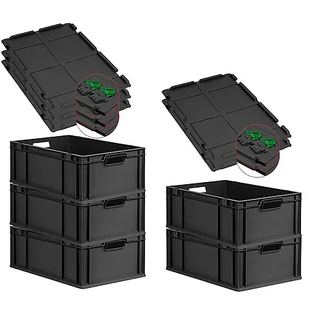 SuperSparSet 5x Eurobox NextGen Grip mit Scharnierdeckel und grünen Schiebeschnappverschlüssen | HxBxT 22x40x60cm | 44 Liter | Schwarz | Griffe offen | Verstärkter Boden | Eurobehälter, Transportbox, Transportbehälter, Stapelbehälter