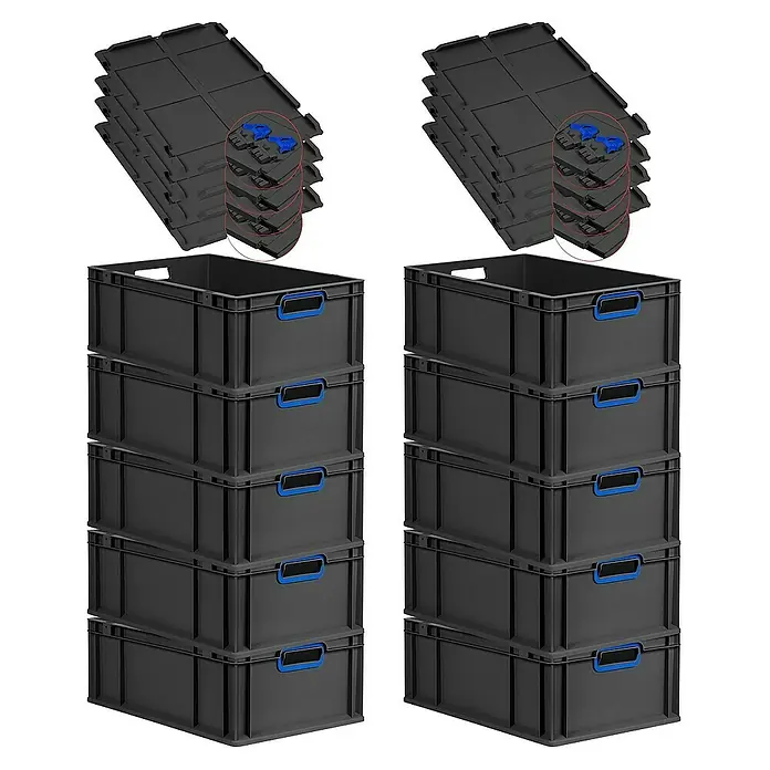 Proregal Euroboxen-Set 10x Eurobox NextGen Color mit Scharnierdeckel und Verschlüssen - L x B x H: 60 x 40 x 22 cm, Kunststoff, Schwarz, Blau, 10 Stk. - Bild von zwei Stapeln grauer Kunststoffboxen mit blauen Griffen und Deckeln.