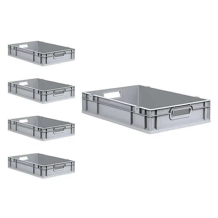 Proregal Euroboxen-Set 5x Eurobox NextGen Economy mit Scharnierdeckel und blauen Verschlüssen - L x B x H: 60 x 40 x 12 cm, Kunststoff, Grau, 5 Stk. - Ein Bild von mehreren grauen Kunststoffboxen mit Griffen. Die Boxen sind stabil und ideal für Lagerung und Transport.