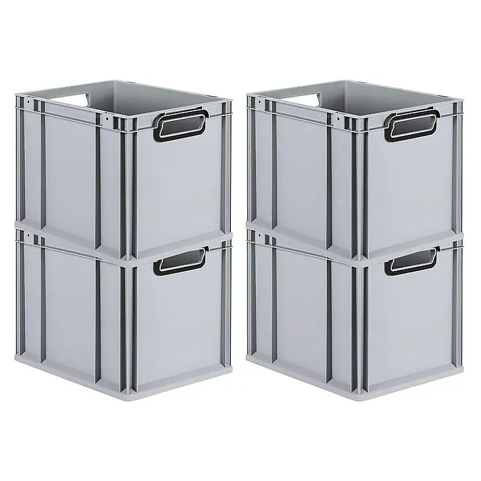 Proregal Euroboxen-Set 4x Eurobox NextGen Color - Kunststoff, Grau, Schwarz, 4 Stk. - Zwei Stapel grauer Kunststoffboxen, jeweils bestehend aus zwei übereinander gestapelten Kisten mit praktischen Griffen.
