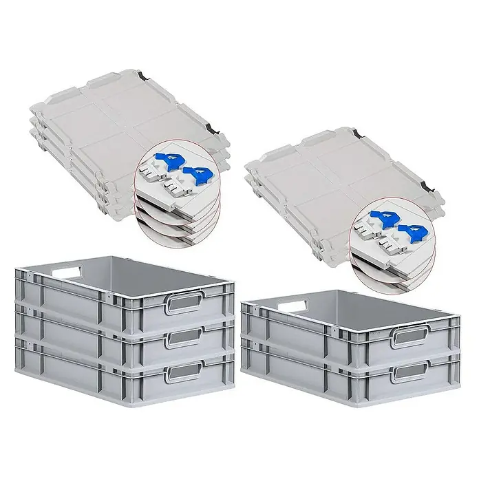 Proregal Euroboxen-Set 5x Eurobox NextGen Economy mit Scharnierdeckel und blauen Verschlüssen - L x B x H: 60 x 40 x 12 cm, Kunststoff, Grau, 5 Stk. - Bild von einem Stapel grauer Kunststoffbehälter und passenden Deckeln, ideal für Lagerung und Transport.