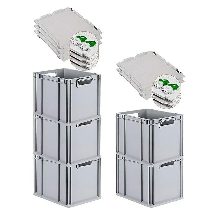 Proregal Euroboxen-Set 5x Eurobox NextGen Economy mit Scharnierdeckel und grünen Verschlüssen - Kunststoff, Grau, 5 Stk. - Gestapelte graue Kunststoffbehälter mit Deckeln, ideal für Lagerung und Transport. Robuste und stapelbare Lagerlösung.