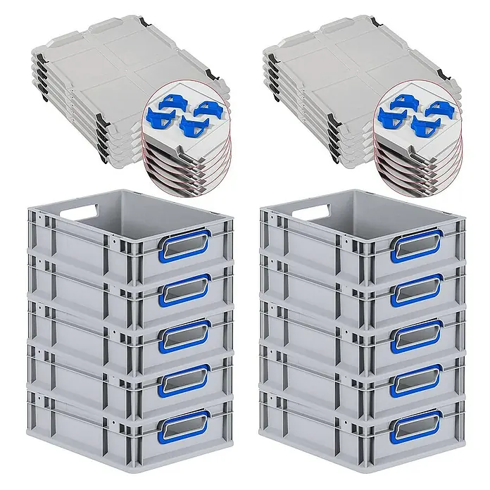 Proregal Euroboxen-Set 10x Eurobox NextGen Color mit Auflagedeckel und Schiebeschnappverschlüsse - L x B x H: 40 x 30 x 12 cm, Kunststoff, Grau, Blau, 10 Stk. - Abbildung von grauen Lagerboxen mit blauen Griffen und passenden Deckeln. Ideal für Ordnung und Lagerung in Werkstatt oder Lager.