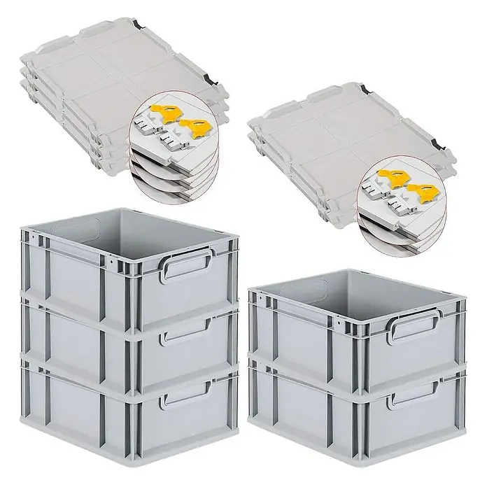 Proregal Euroboxen-Set 5x Eurobox NextGen Economy mit Scharnierdeckel und gelben Verschlüssen - L x B x H: 40 x 30 x 17 cm, Kunststoff, Grau, 5 Stk. - Bild von grauen Eurobehältern mit Deckeln.