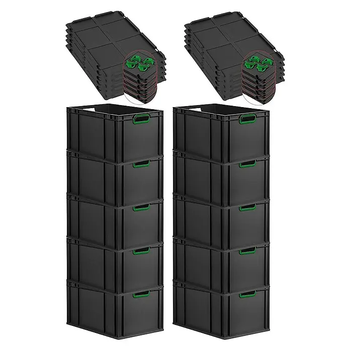 Proregal Euroboxen-Set 10x Eurobox NextGen Color mit Auflagedeckel und Schiebeschnappverschlüsse - L x B x H: 60 x 40 x 32 cm, Kunststoff, Schwarz, Grün, 10 Stk. - Bild von zwei Stapeln schwarzer Kunststoffboxen mit grünen Griffen und dazugehörigen Deckeln.