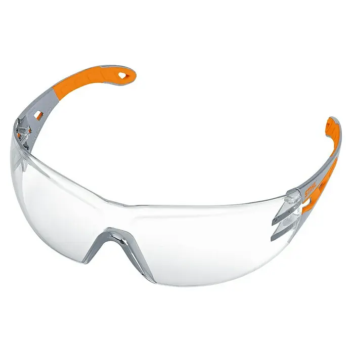 Stihl Schutzbrille Dynamic LightPlus - Grau/Orange/Farblos, Kratzfeste Sichtscheiben - Klare STIHL Schutzbrille mit orangefarbenen Bügeln für optimalen Schutz bei der Arbeit. Die Brille bietet Komfort und Sicherheit.