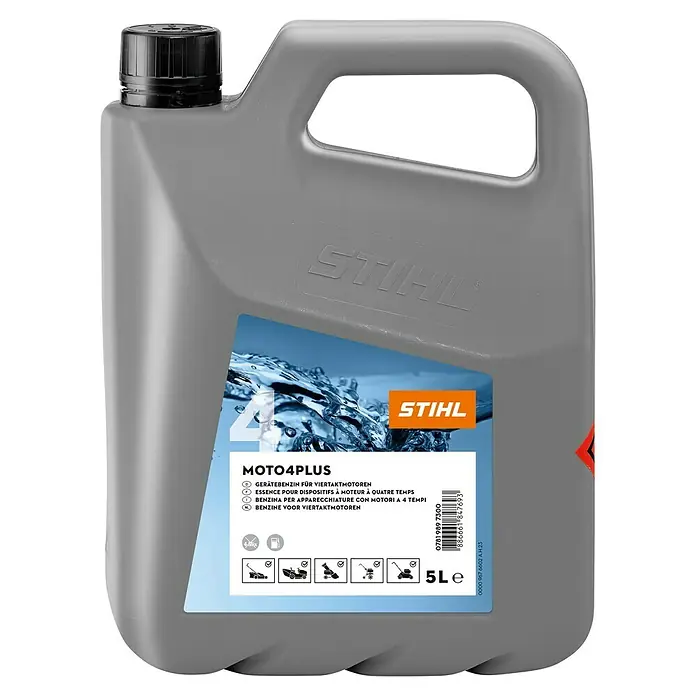 Stihl Spezialbenzin Moto4Plus - 5 l, Passend für: 4‑Takt-Kleinmotoren - Kanister mit 5 Litern STIHL Moto4Plus Gerätebenzin für Viertaktmotoren, ideal für Gartengeräte.
