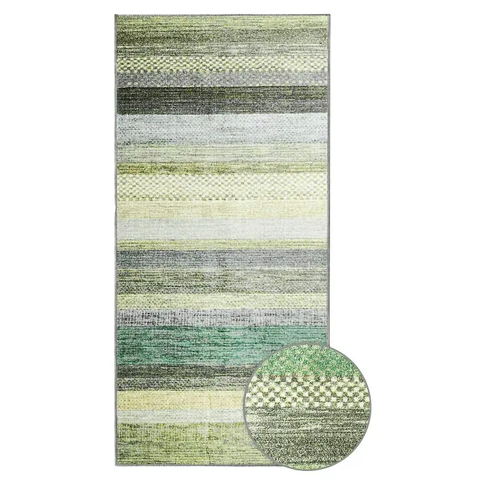Teppichläufer Naxos - Grün/Blau, 400 x 80 cm, 100 % Polyamid - Dieser gestreifte Teppich in Grün-, Grau- und Gelbtönen ist ein dekoratives Element, das jedem Raum einen Hauch von Farbe und Textur verleiht.