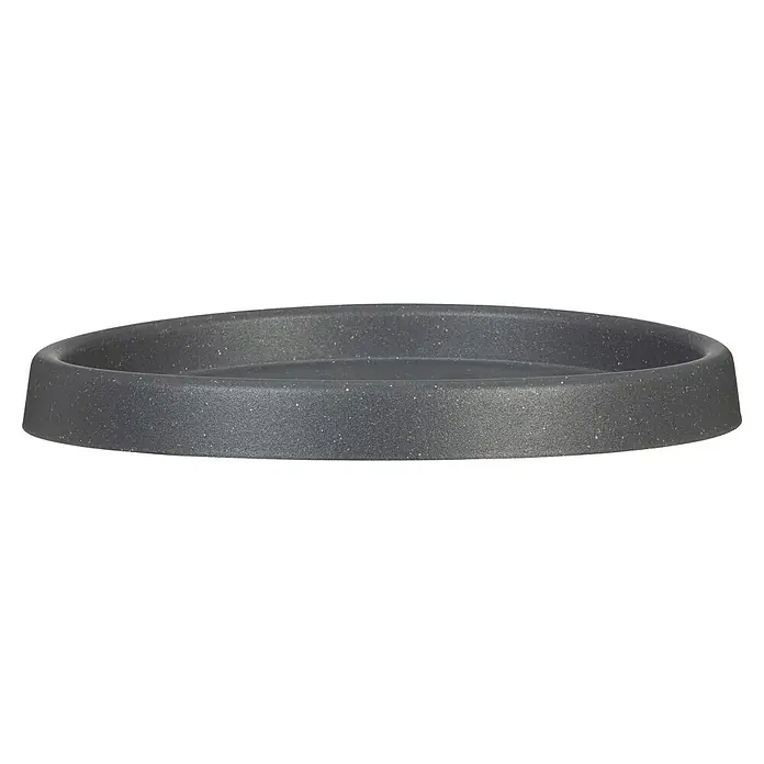 Scheurich Blumentopf-Untersetzer Marcella - Außenmaß (Ø x H): 40,5 cm x 3,9 mm, Kunststoff, Schwarz granit - Eine Nahaufnahme einer runden, grauen Pflanztopfuntersetzer mit gesprenkelter Textur, ideal für den Innen- und Außenbereich.