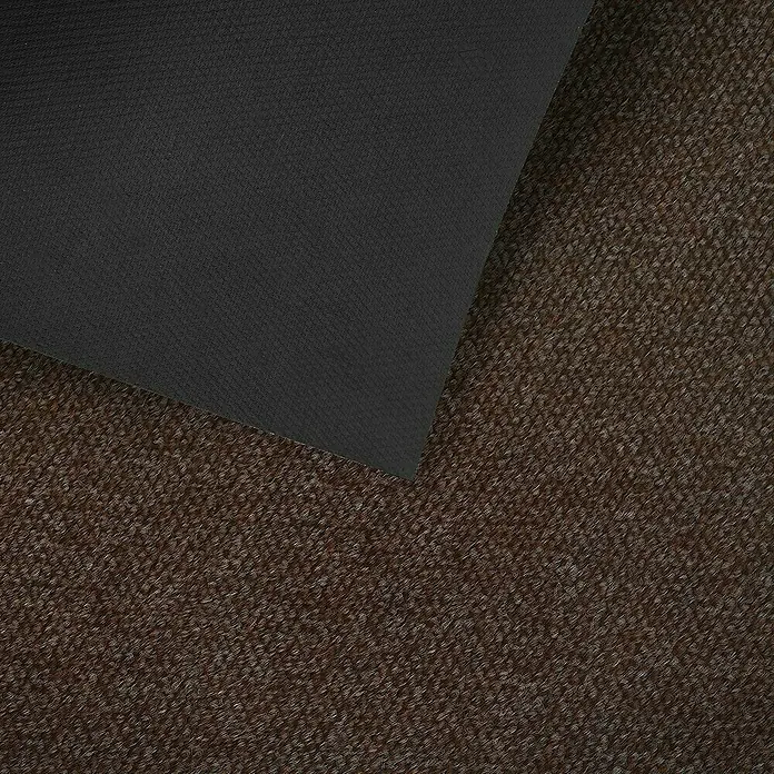 Schmutzfangmatte Hong Kong - Braun, 1.100 x 200 cm, 100 % Polypropylen - Nahaufnahme eines braunen Teppichs mit einem schwarzen, texturierten Überzug in der Ecke. Textur und Farbe des Teppichs sind gut sichtbar.