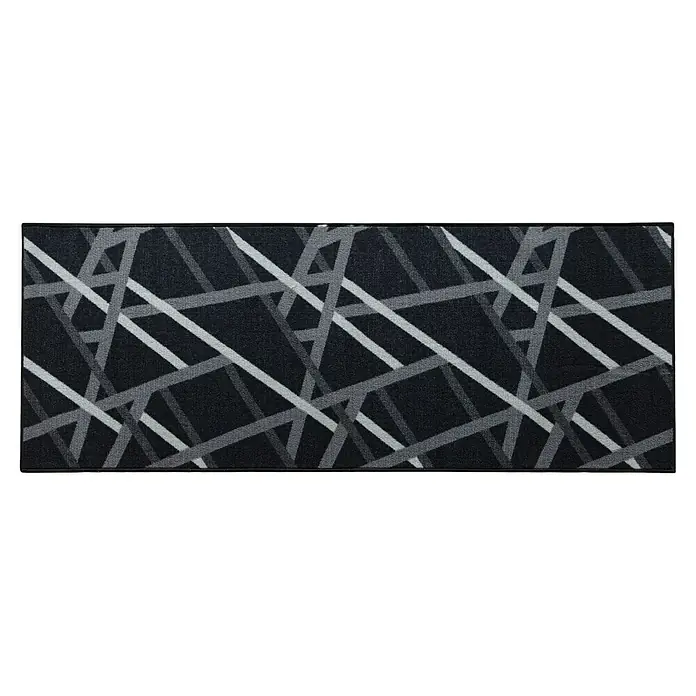 Teppichläufer Printed - Schwarz/Grau, 450 x 67 cm, 100 % Polyamid - Moderner schwarzer Teppich mit abstraktem grauen Linienmuster, ideal für jeden Raum und jede Einrichtung.