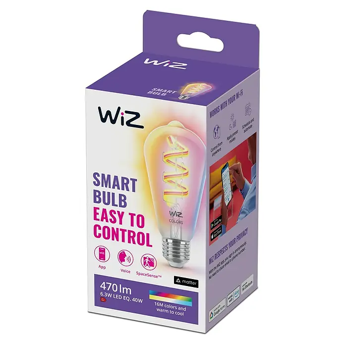 Philips Wiz Smart-LED-Lampe - E27, Dimmbar, RGBW, 470 lm, 6,3 W, 1 Stk., ST64 - Nahaufnahme der WiZ Smart Bulb Verpackung, die Funktionen wie App-Steuerung und Farbanpassung hervorhebt.