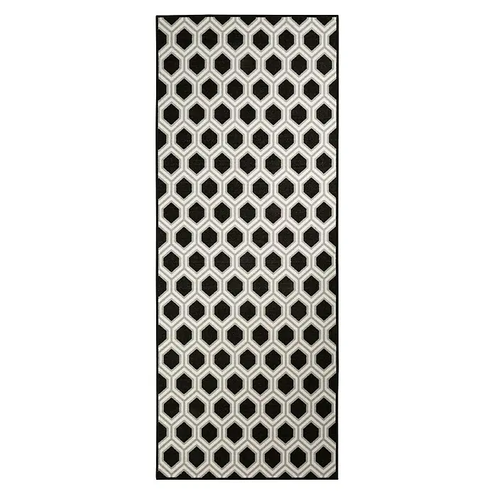 Teppichläufer Bangor - Schwarz/Weiß, 350 x 80 cm, 100 % Polyamid - Ein rechteckiger Teppich mit einem geometrischen Sechseckmuster in Schwarz, Weiß und Grau, ideal für moderne Wohnräume.