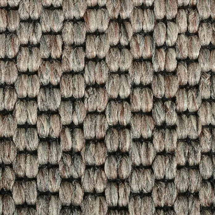 Flachgewebeteppich Kalkutta - Taupe, 100 x 100 cm, 83 % Polypropylen, 17 % Naturfaser - Nahaufnahme eines Teppichs mit braunen und grauen Fasern in einem verschlungenen Muster. Der Teppich hat eine dichte Textur.