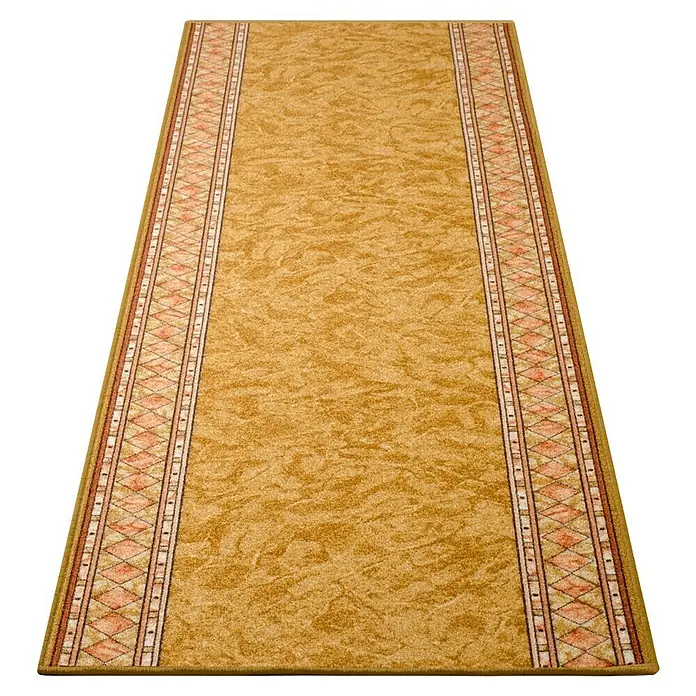 Teppichläufer Rügen - Beige, 500 x 80 cm, 100 % Polyamid - Ein stilvoller Läufer in Goldgelb mit dekorativen Bordüren, perfekt für Flure oder Eingangsbereiche, um Ihrem Zuhause Eleganz zu verleihen.