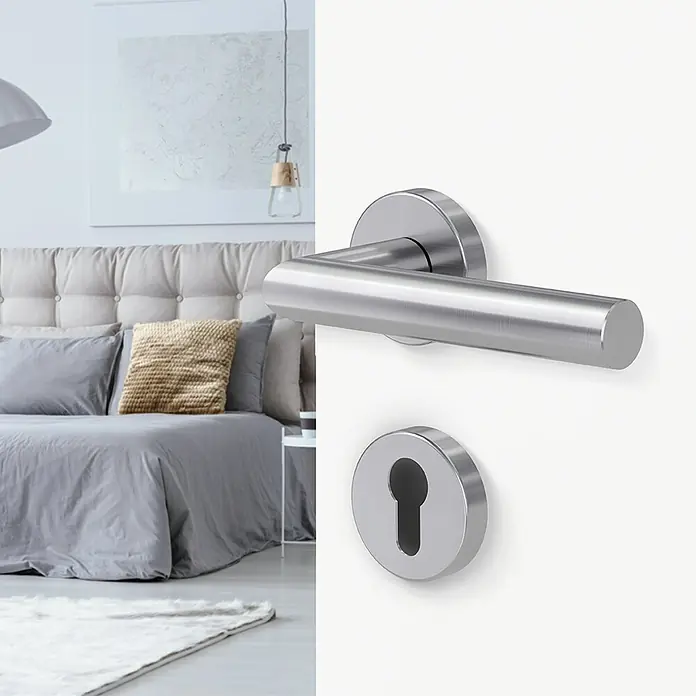 Diamond Doors Modern Drückergarnitur L-Form Premium - Stärke Tür: 40 mm - 45 mm, Edelstahl, L-Form, Profilzylinder - Türbeschlag aus gebürstetem Edelstahl. Ein modernes Designelement für stilvolle Innenräume mit Türgriff und Schlossrosette.