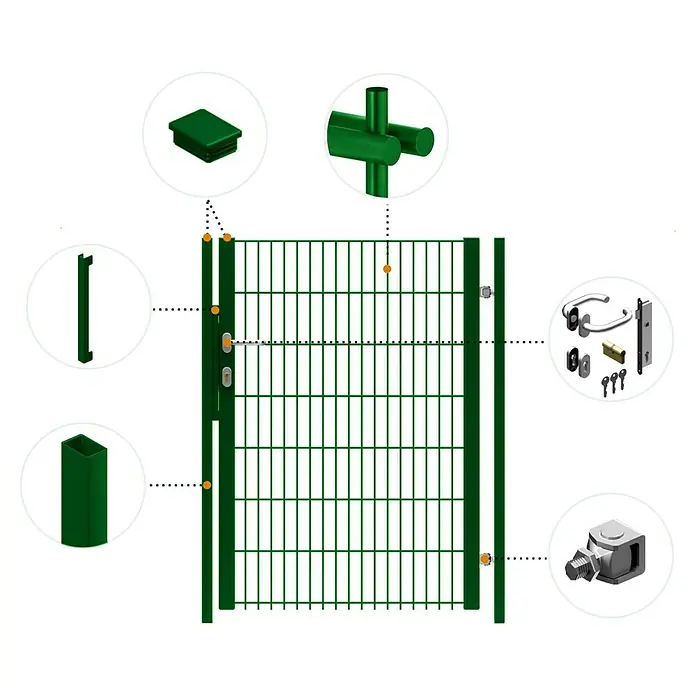 FA-Bausysteme Zauntor Halbrahmen - 0,92 x 2 m, Stahl, Moosgrün, 1-Flügel - Abbildung eines grünen Gartentors mit verschiedenen Komponenten und Zubehörteilen.